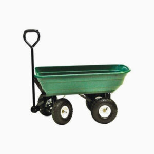 Here's an alt tag for the image: Green garden cart with four wheels.