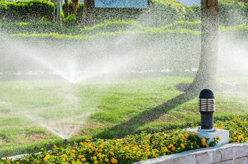Sprinklers watering green lawn and flowers.